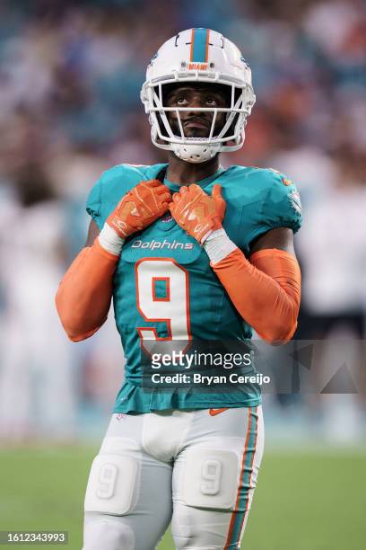 Cornerback Noah Igbinoghene of the Miami Dolphins during a preseason game against the Atlanta Falcons at Hard Rock Stadium on August 11, 2023 in...