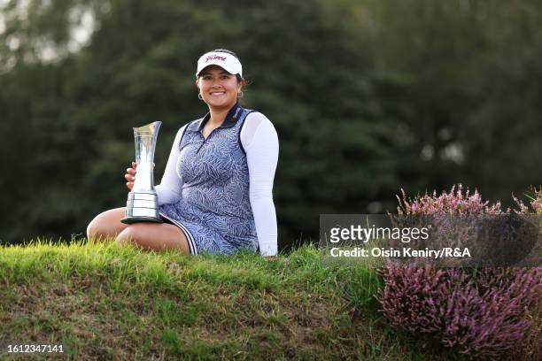 Lilia Vu of the United States poses with the AIG Women's Open trophy on the 18th green on Day Four of the AIG Women's Open at Walton Heath Golf Club...