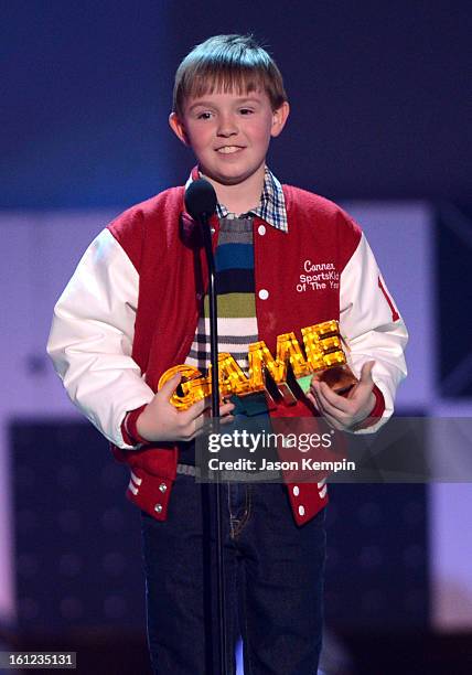 Connor Long speaks onstage at the Third Annual Hall of Game Awards hosted by Cartoon Network at Barker Hangar on February 9, 2013 in Santa Monica,...
