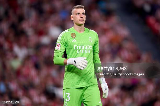 Andriy Lunin of Real Madrid CF in action during the LaLiga EA Sports match between Athletic Club and Real Madrid CF at Estadio de San Mames on August...