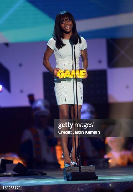 Gabby Douglas speaks onstage at the Third Annual Hall of Game Awards hosted by Cartoon Network at Barker Hangar on February 9, 2013 in Santa Monica,...