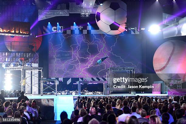 General view of the audience with performers onstage at the Third Annual Hall of Game Awards hosted by Cartoon Network at Barker Hangar on February...