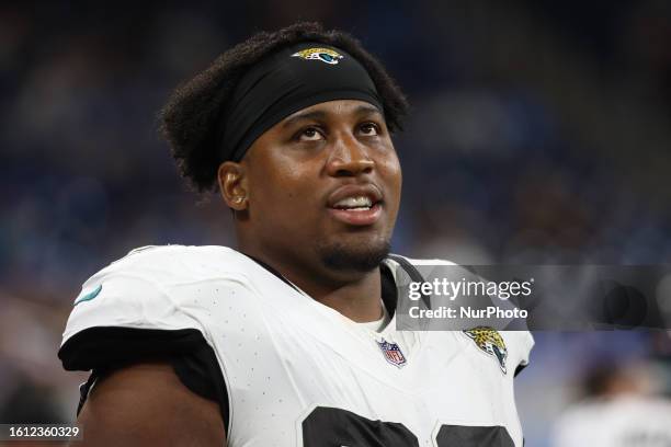 Jacksonville Jaguars defensive end Jeremiah Ledbetter is seen during the second half of an NFL preseason football game against the Detroit Lions in...