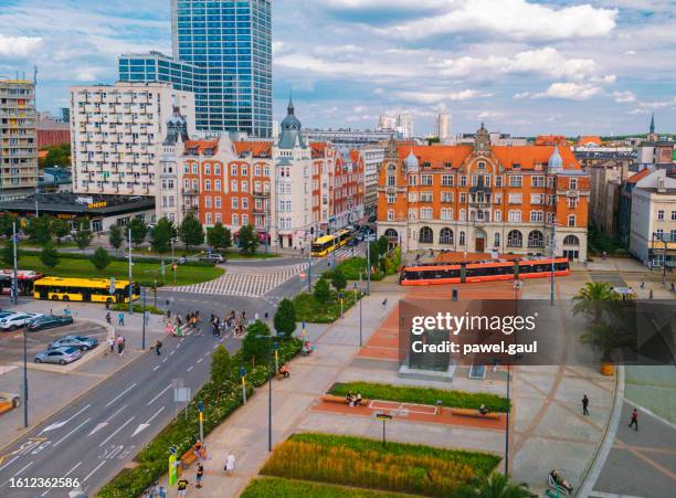 aerial view of katowice rynek silesia in poland - katowice stockfoto's en -beelden