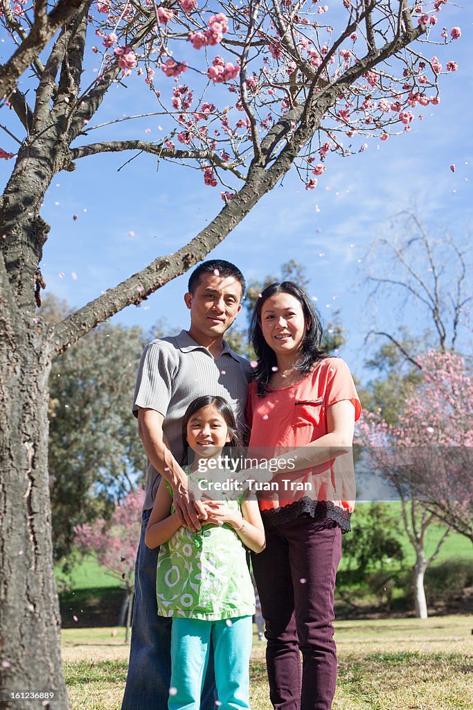 Young family standing under cherry blossoms tree