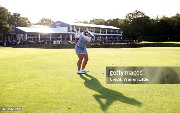 Lilia Vu of the United States plays their second shot on the 18th hole on Day Four of the AIG Women's Open at Walton Heath Golf Club on August 13,...