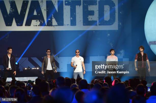 The Wanted perform onstage at the Third Annual Hall of Game Awards hosted by Cartoon Network at Barker Hangar on February 9, 2013 in Santa Monica,...