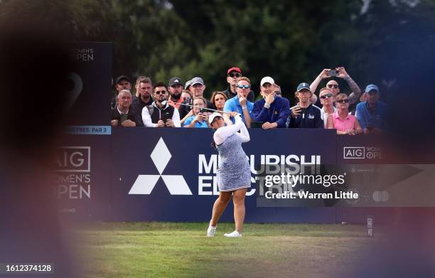 Lilia Vu of the United States tees off on the 9th hole on Day Four of the AIG Women's Open at Walton Heath Golf Club on August 13, 2023 in Tadworth,...