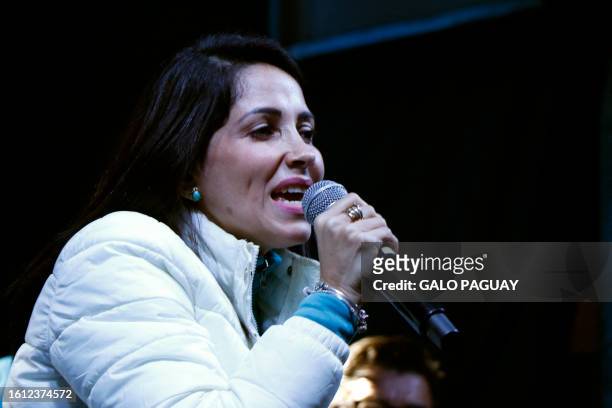 Ecuadorian presidential candidate for the Movimiento Revolucion Ciudadana party, Luisa Gonzalez speaks to her supporters after learning the first...