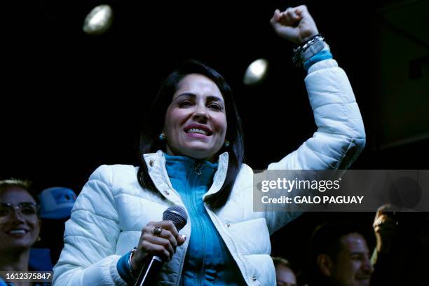 Ecuadorian presidential candidate for the Movimiento Revolucion Ciudadana party, Luisa Gonzalez speaks to her supporters after learning the first...