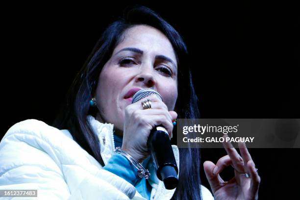 Ecuadorian presidential candidate for the Movimiento Revolucion Ciudadana party, Luisa Gonzalez speaks to her supporters after learning the first...