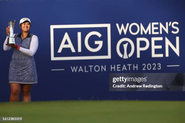 Lilia Vu of the United States poses with the trophy after winning the AIG Women's Open at Walton Heath Golf Club on August 13, 2023 in Tadworth,...