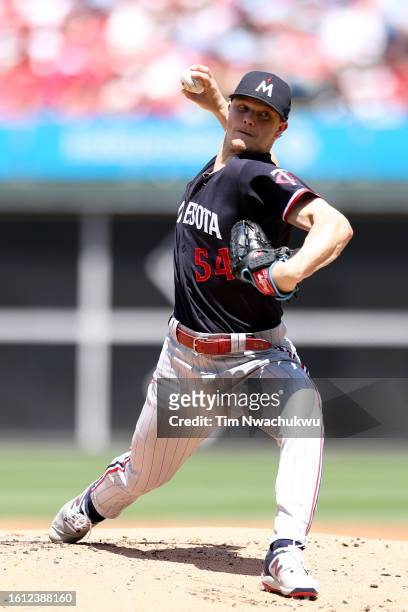 Sonny Gray of the Minnesota Twins pitches during the first inning against the Philadelphia Phillies at Citizens Bank Park on August 13, 2023 in...