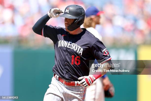 Jordan Luplow of the Minnesota Twins reacts after hitting a solo home run during the first inning against the Philadelphia Phillies at Citizens Bank...