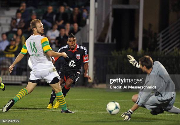 Forward Lionard Pajoy of DC United shoots on goal against the Tampa Bay Rowdies February 9, 2013 in the first round of the Disney Pro Soccer Classic...