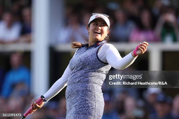 Lilia Vu of the United States celebrates victory on the 18th green on Day Four of the AIG Women's Open at Walton Heath Golf Club on August 13, 2023...