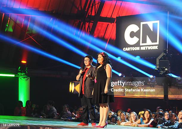 Actors Rico Rodriguez and Raini Rodriguez speak onstage during the Third Annual Hall of Game Awards hosted by Cartoon Network at Barker Hangar on...