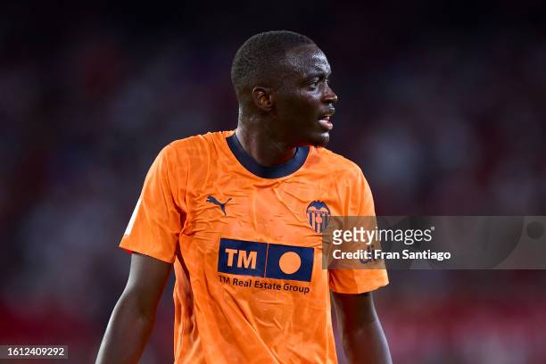 Mouctar Diakhaby of Valencia CF looks on during the LaLiga EA Sports match between Sevilla FC and Valencia CF at Ramon Sanchez Pizjuan Stadium on...