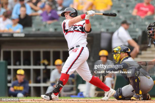 Andrew Vaughn of the Chicago White Sox singles during the second inning against the Milwaukee Brewers at Guaranteed Rate Field on August 13, 2023 in...
