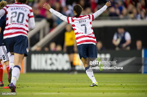 Midfielder Shannon Boxx of the United States celebrates after scoring a goal during the game against Scotland at EverBank Field on February 9, 2013...