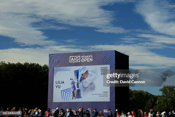 Images of Lilia Vu of The United States are shown on the main scoreboard beside the 18th green after her victory in the final round of the AIG...