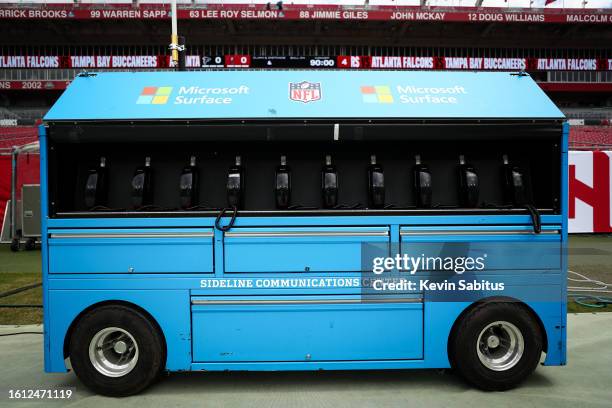 Detail shot of the Microsoft Surface sideline communication center cart on the Tampa Bay Buccaneers bench prior to an NFL game against the Atlanta...