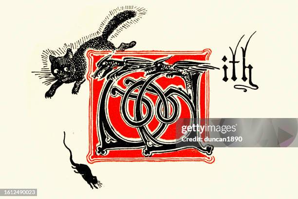 vintage-illustration der schwarzen autojagdratte, drachenbuchstabe w - calligraphy w stock-grafiken, -clipart, -cartoons und -symbole