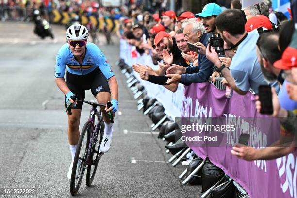 Lotte Kopecky of Belgium competes in the breakaway to win the Women Elite & Women U23 Road Race a 154.1km race from Loch Lomond to Glasgow at the...