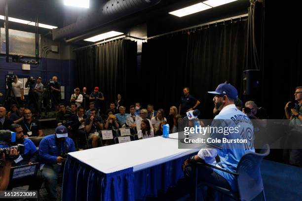 Former Toronto Blue Jay José Bautista speaks during a press conference after signing a one-day contract with the club, at Rogers Centre on August 11,...