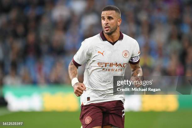 Kyle Walker of Manchester City looks on during the Premier League match between Burnley FC and Manchester City at Turf Moor on August 11, 2023 in...