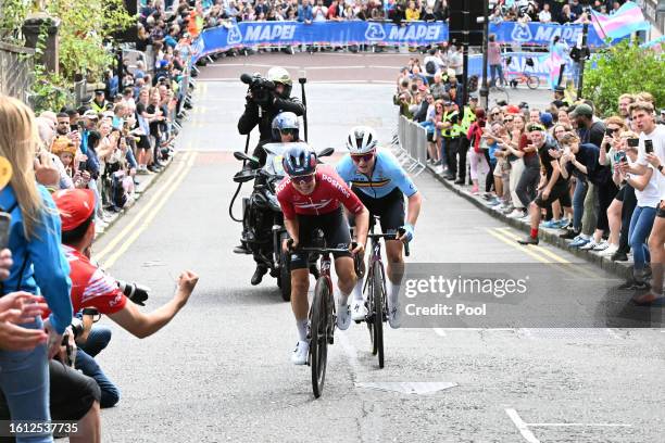 Cecilie Ludwig of Denmark and Lotte Kopecky of Belgium compete in the breakaway during the Women Elite & Women U23 Road Race a 154.1km race from Loch...