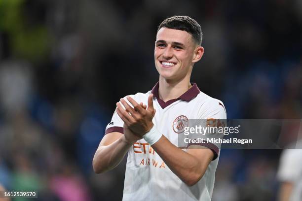 Phil Foden of Manchester City looks on after the Premier League match between Burnley FC and Manchester City at Turf Moor on August 11, 2023 in...