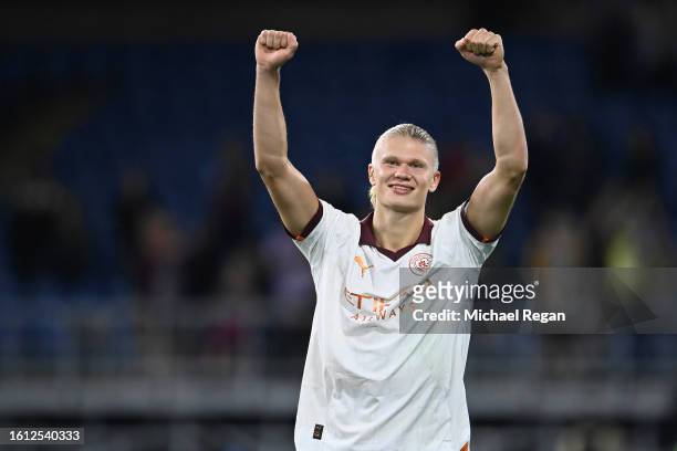 Erling Haaland of Manchester City gestures to fans after the Premier League match between Burnley FC and Manchester City at Turf Moor on August 11,...
