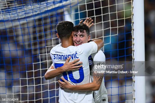 Giacomo Stabil of FC Internazionale celebrates with Aleksandar Stankovic after scoring the goal during the Pre- Season Friendly match between FC...