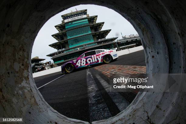 Alex Bowman, driver of the Ally Chevrolet, drives during the NASCAR Cup Series Verizon 200 at the Brickyard at Indianapolis Motor Speedway on August...