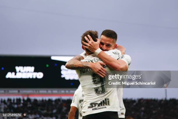 Yuri Alberto of Corinthians celebrates with teammate Renato Augusto after scoring the team's second goal during a match between Corinthians and...