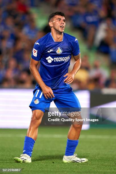 Carles Alena of Getafe CF reac during the LaLiga EA Sports match between Getafe CF and FC Barcelona at Coliseum Alfonso Perez on August 13, 2023 in...