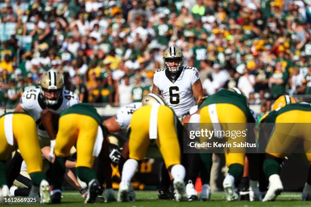 Aldrick Rosas of the New Orleans Saints stands ready to kick a field goal during an NFL game against the Green Bay Packers at TIAA Bank Field on...