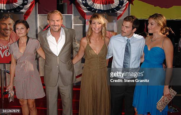 Annie Costner, Kevin Costner, Christine Baumgartner, Joe Costner and Lily Costner arrive at the World Premiere of "Swing Vote" at the El Capitan...