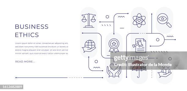 ilustrações, clipart, desenhos animados e ícones de design de banner web editável de ética empresarial com ícones de linha modernos - informante papel humano