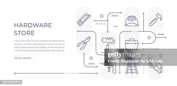hardware store editable web banner design with modern line icons - angle grinder stock illustrations