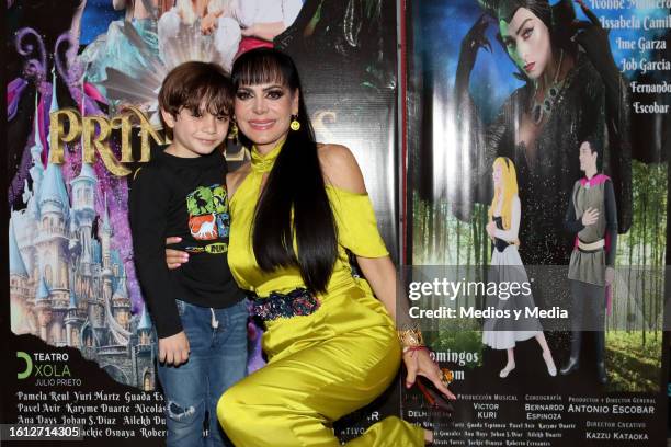 José Julián Figueroa and Maribel Guardia pose for photos during the red carpet premiere of the play 'Princesas' on August 13, 2023 in Mexico City,...
