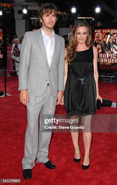 Alicia Silverstone and husband Christopher Jarecki arrives at the Los Angeles Premiere Of "Tropic Thunder" at the Mann's Village Theater on August...