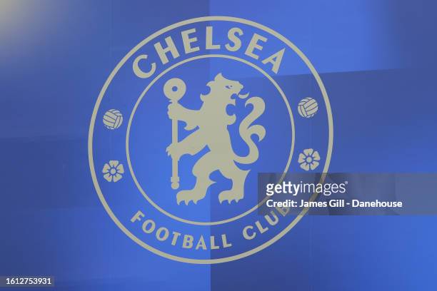 General view of the logo of Chelsea is seen during the Premier League match between Chelsea FC and Liverpool FC at Stamford Bridge on August 13, 2023...