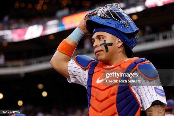 Catcher Francisco Alvarez of the New York Mets gets set to take the field before game two of a doubleheader against the Atlanta Braves at Citi Field...