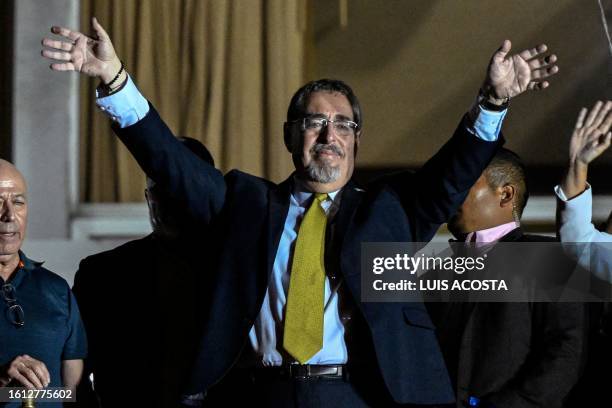 Guatemalan presidential candidate for the Semilla party, Bernardo Arevalo, celebrates the results of the presidential run-off election in Guatemala...