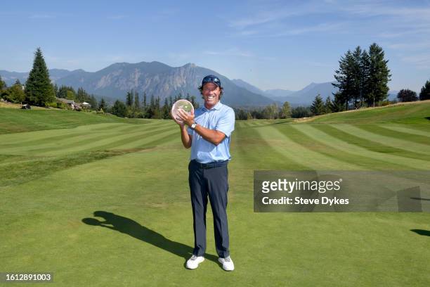 Stephen Ames of Canada poses with the trophy after winning the Boeing Classic at The Club at Snoqualmie Ridge on August 13, 2023 in Snoqualmie,...
