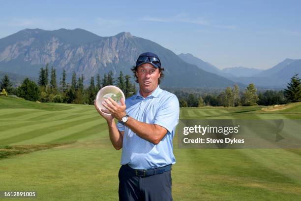 Stephen Ames of Canada poses with the trophy after winning the Boeing Classic at The Club at Snoqualmie Ridge on August 13, 2023 in Snoqualmie,...
