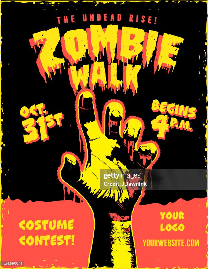 Retro and colorful Zombie Walk advertisement poster template with Zombie hand, flyer, leaflet, banner