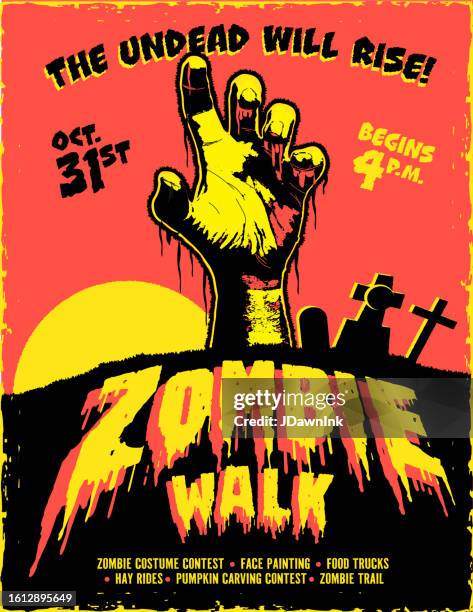 illustrazioni stock, clip art, cartoni animati e icone di tendenza di modello retrò e colorato per poster pubblicitario zombie walk con mano, volantino, volantino, banner zombie - horror